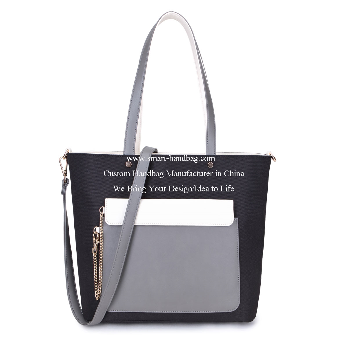 Canvas/PU Tote Bag with Detachable Pocket